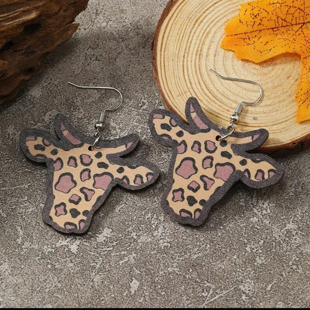 New wooden brown animal print cow earrings